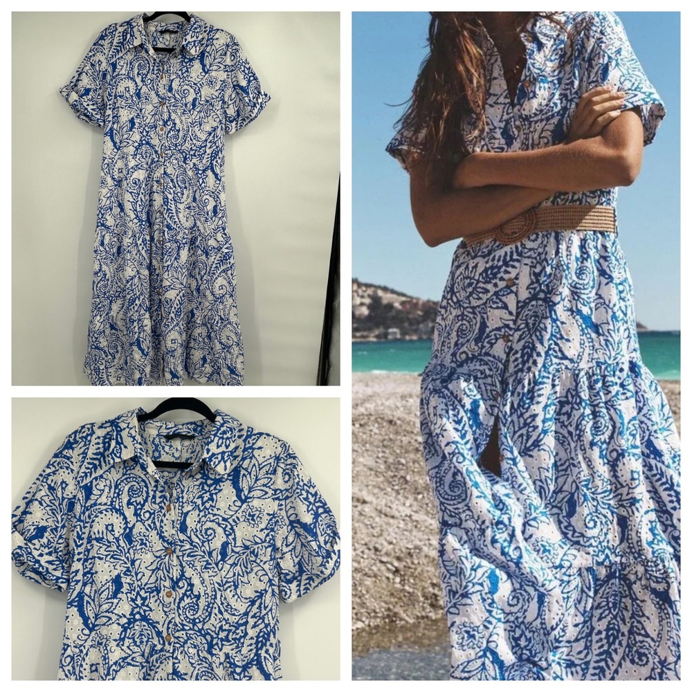 Zara XXL Blue White Paisley Eyelet Tiered Button Front Short Sleeve Midi Dress